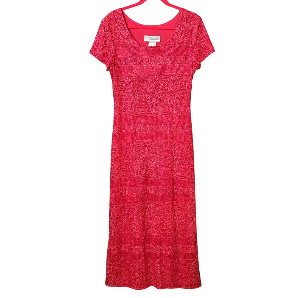 Jessica Howard Women's Red Metallic Knit Short Sleeve Vintage Gown, 12‎